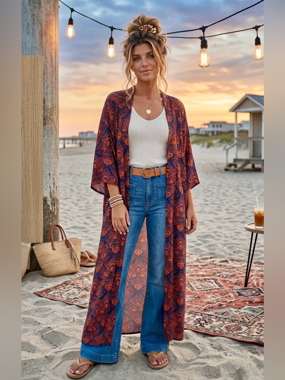 Free People | Riviera Printed Open Duster in Navy Blue & Rust Orange | OS - Picture 3 of 11